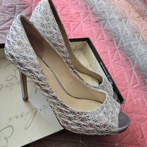 Enzo Angiolini Peep Toe Heels Gold/Silver Sparkle Glitter Pump S7M